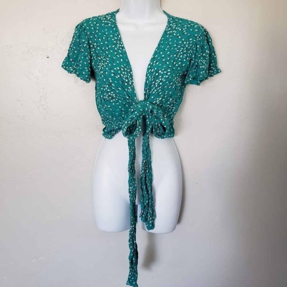 Billabong XS Teal Blue Dainty Floral Tulip Short Sleeve Crop Top Wrap Waist Tie